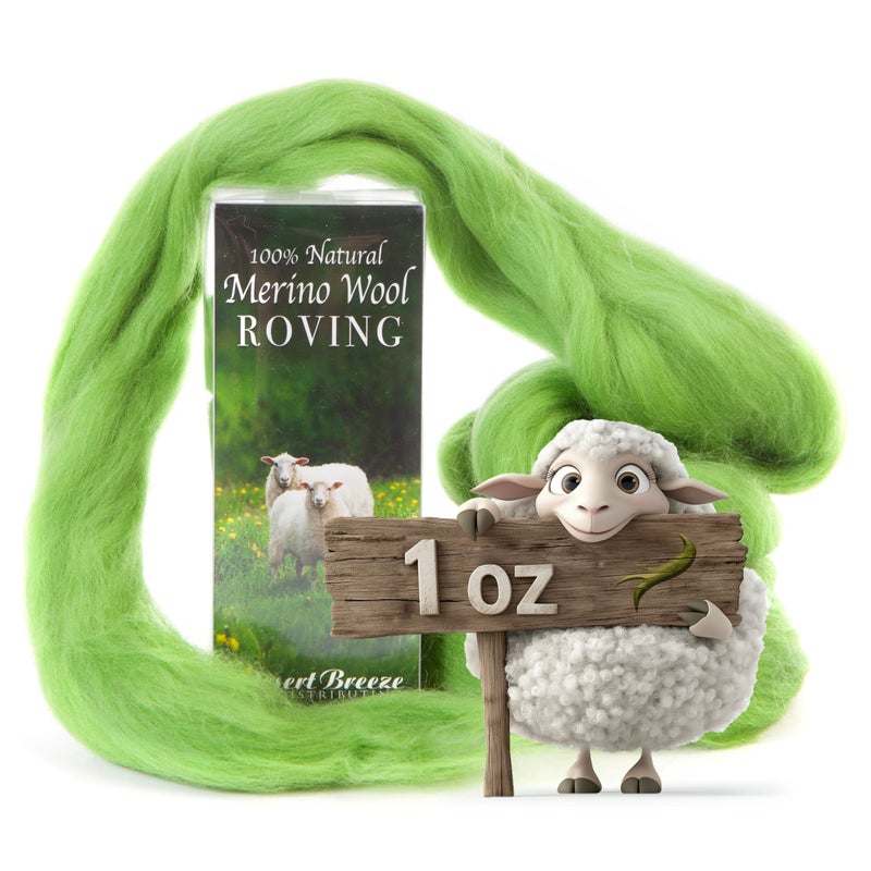 Desert Breeze Distributing 100% Natural Merino Wool Roving - Premium Combed Top Merino Roving Wool - Tapestry, Spinning, Wet Felting & Needle Felting Supplies - 21.5 Micron - 1 oz, Color Kiwi Green - Image 1